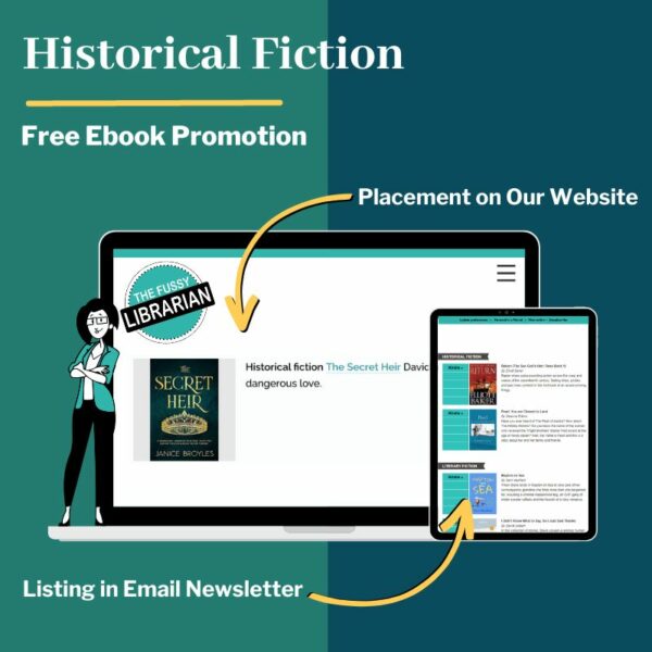 A historical fiction genre book displayed on the Fussy website and email newsletter.
