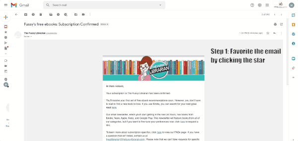 A gif showing the steps to adding Fussy Librarian to your email contacts