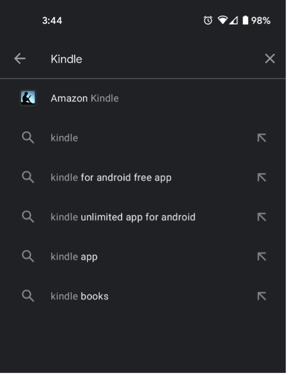 Screenshot of the Google Play app store with Kindle in the search bar