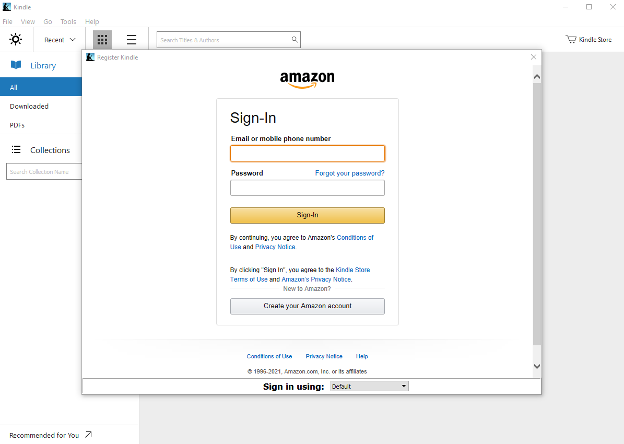 Screenshot of the Amazon Kindle reader log in page