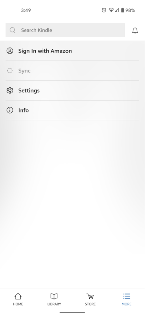 Android Kindle app log in menu