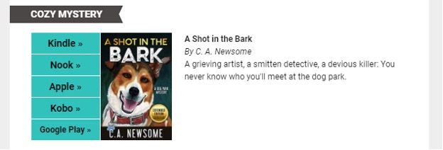 A book called A Shot in the Bark on Fussy Librarians website with e-reader options next to it.