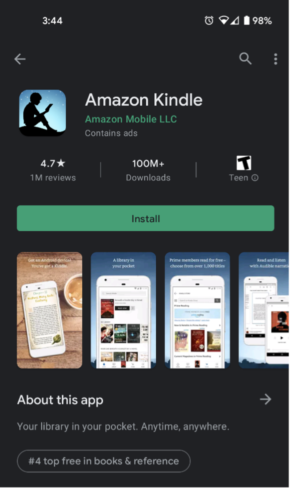 screenshot of Kindle app page on Google Play app store
