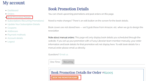 A screenshot of the book promotion details tab in the Fussy Librarian account page.