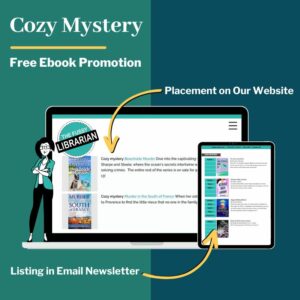 A cozy mystery genre book displayed on the Fussy website and email newsletter.